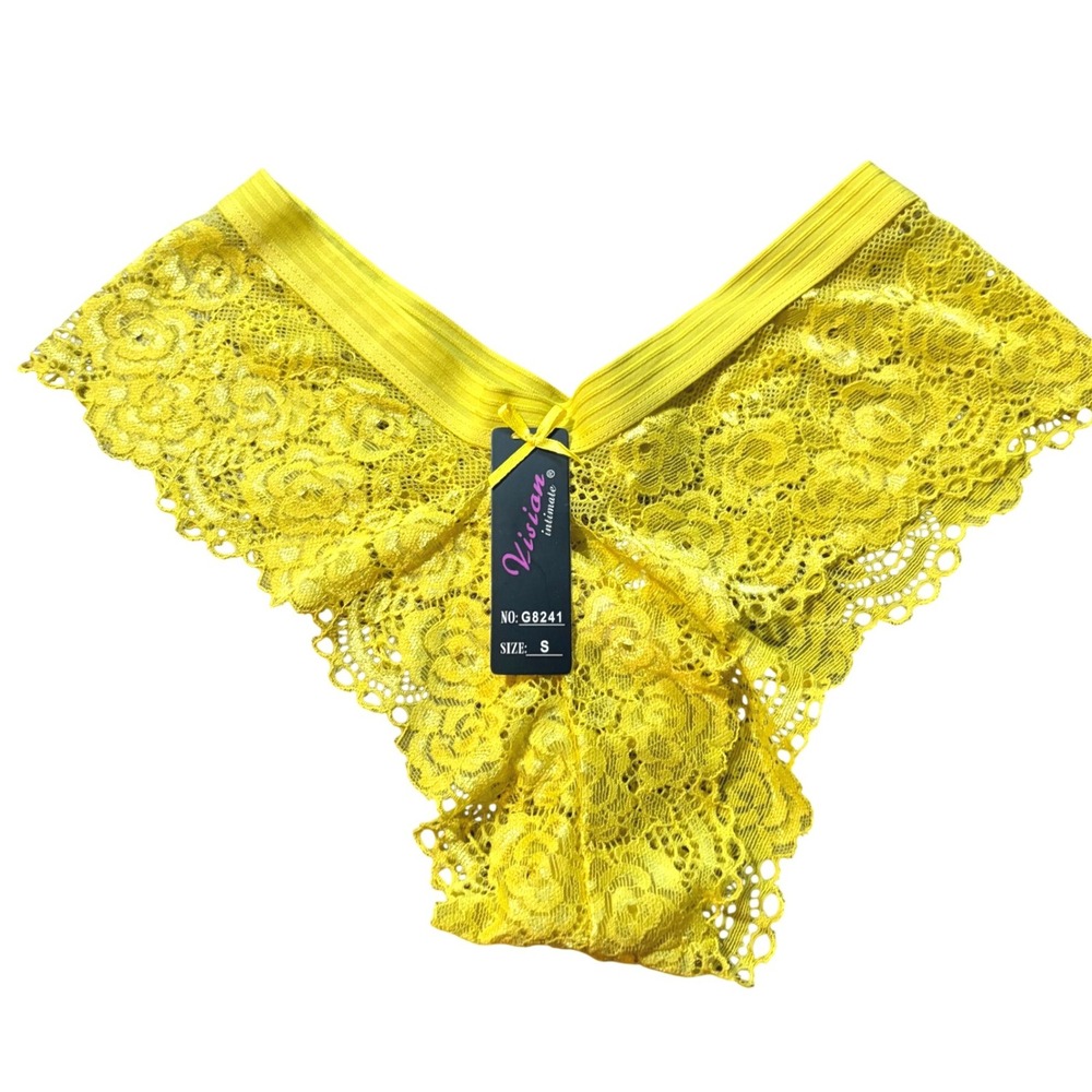 Y2K Cottage Vision Intimate Yellow Floral Lace Panties Ribbed Waistband S NWT